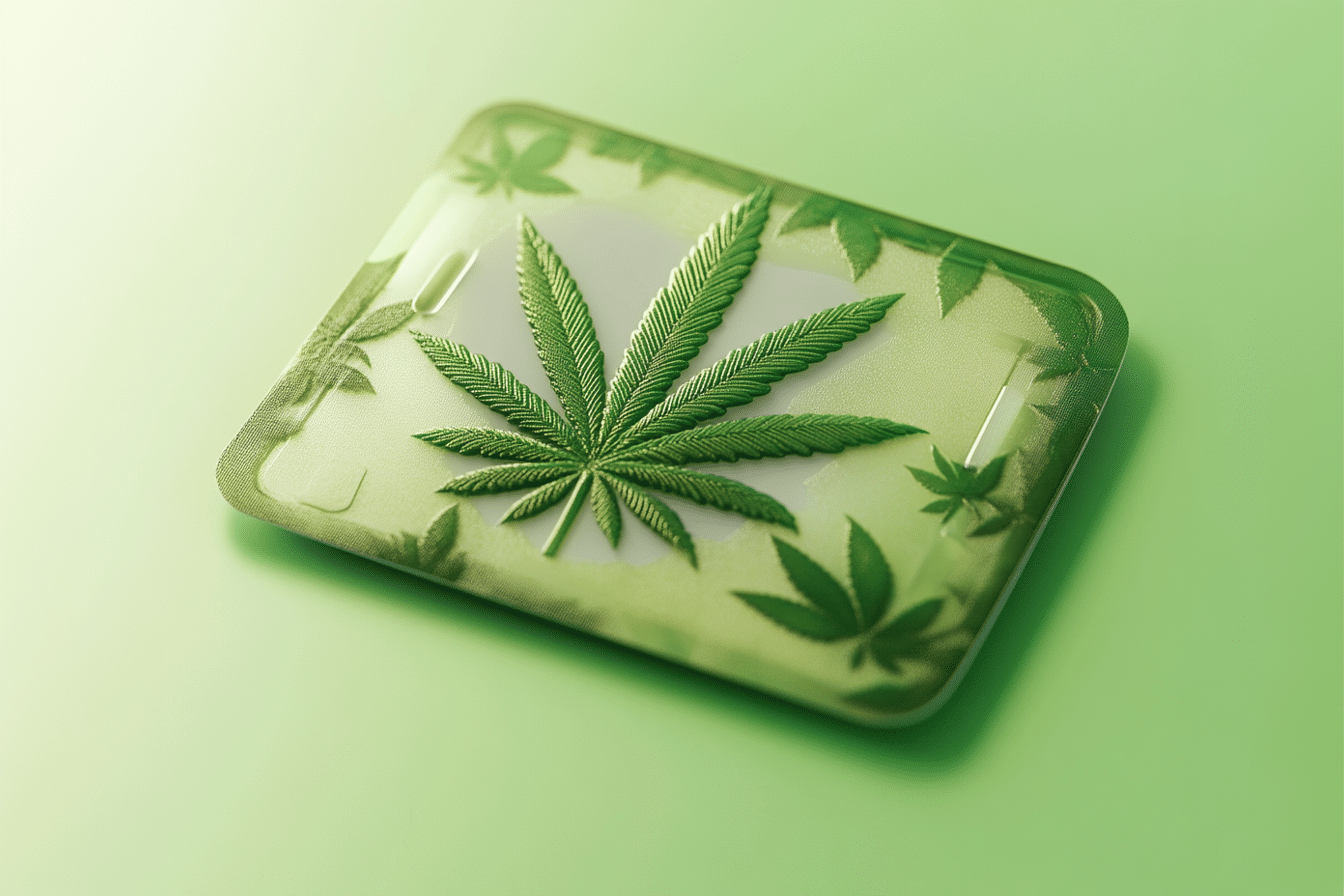 A rectangular tray with a large cannabis leaf design in the center and smaller leaf patterns around the edges, set on a green background.