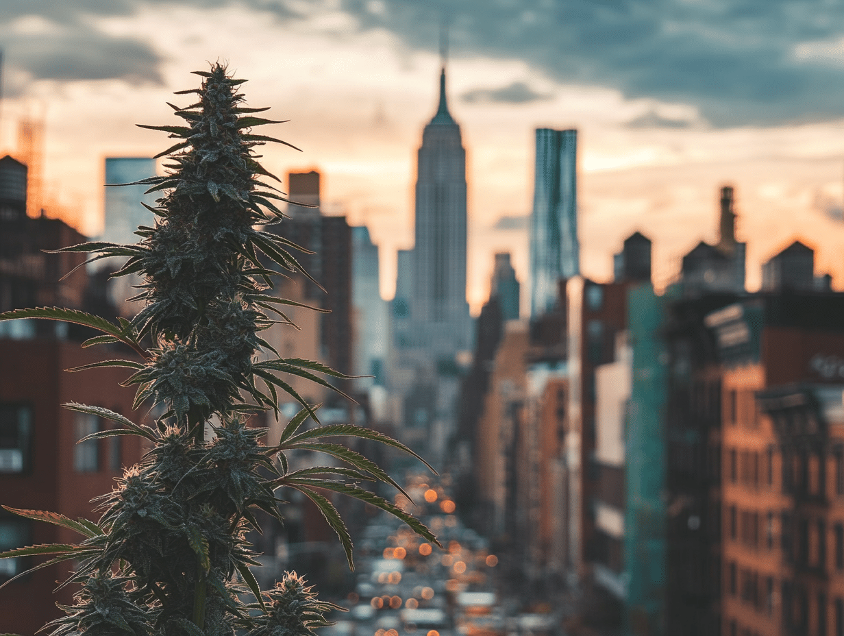 Cannabis plant in sharp focus on a city rooftop with the Empire State Building and other skyscrapers blurred in the background at sunset.
