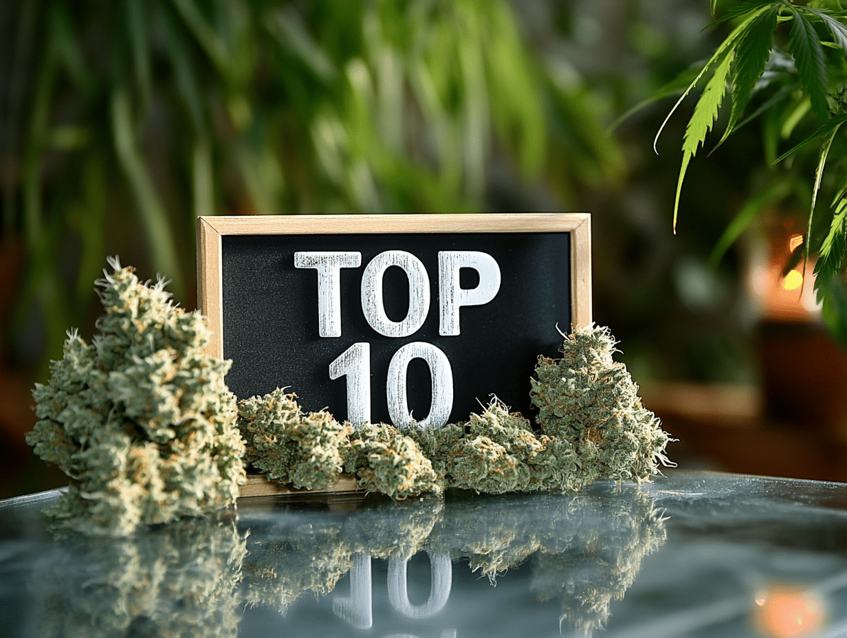Small chalkboard sign with the words TOP 10 surrounded by cannabis buds, placed on a glass surface with green plants in the background.