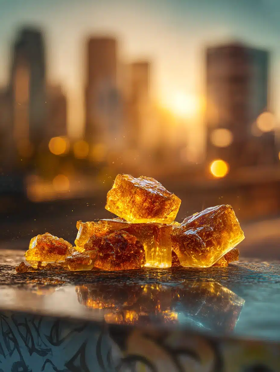 Golden brown sugar crystals stacked on a reflective surface outdoors, with a city skyline and warm sunset in the blurred background.
