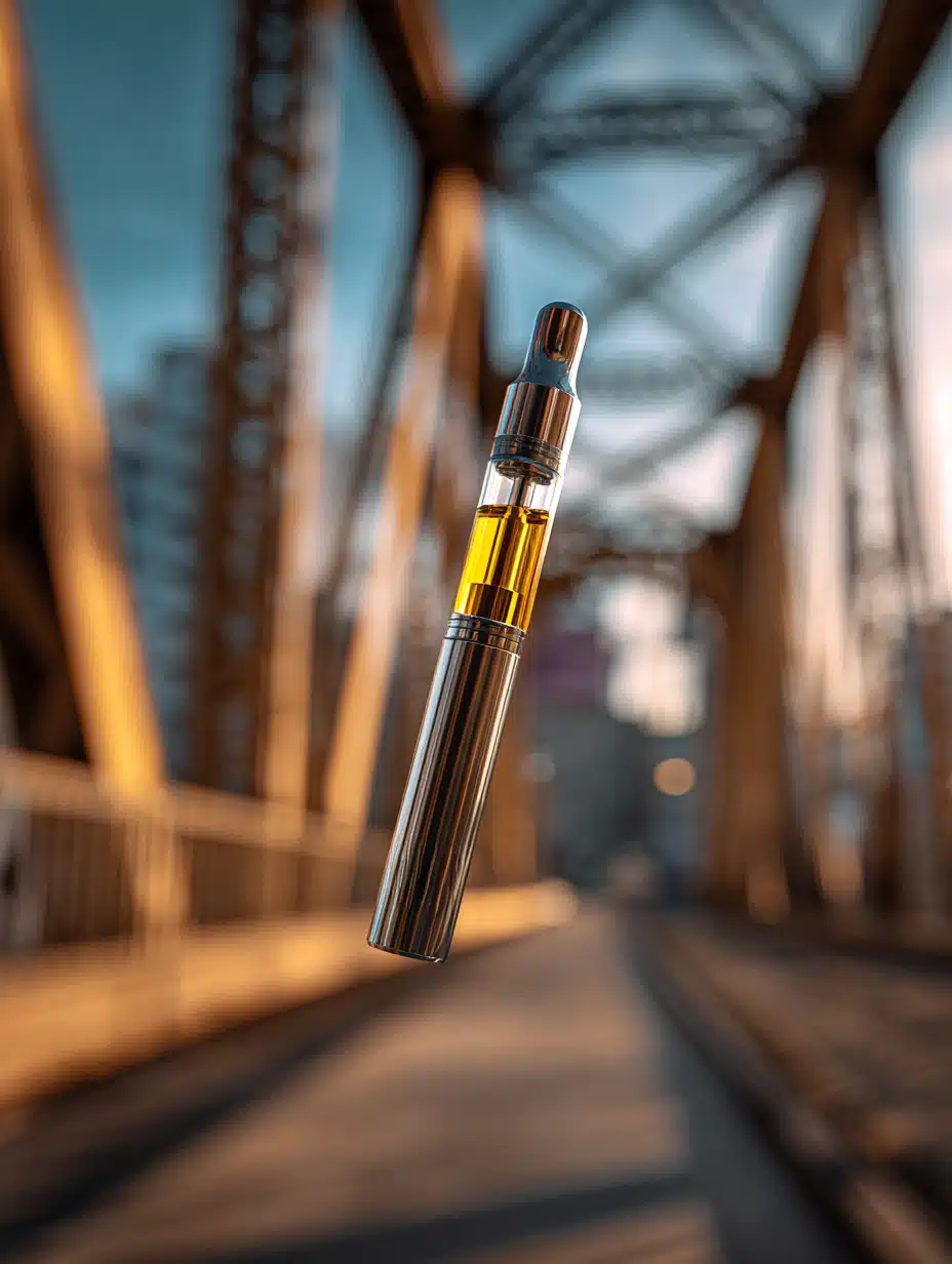 Vertical image of cannabis vape pen with golden oil cartridge in front of blurred steel bridge background.