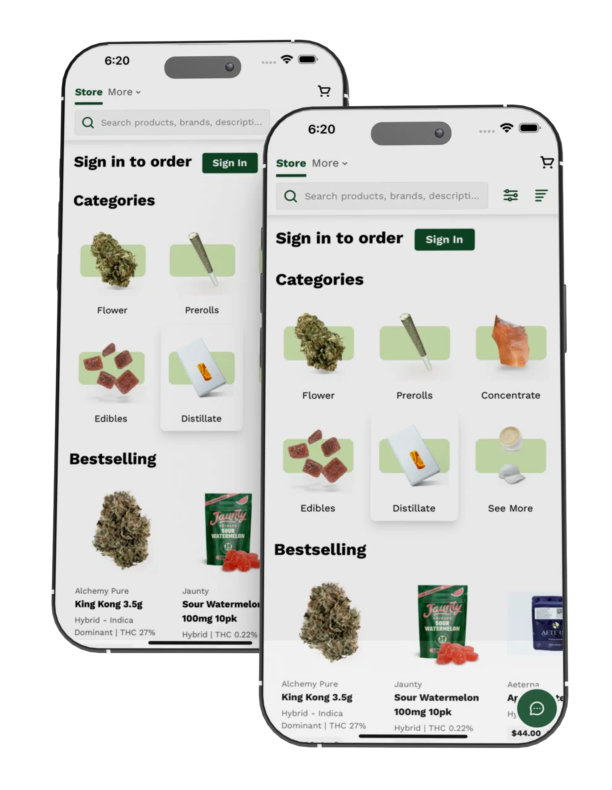 Two smartphone screens display a cannabis ordering app with categories for flower, prerolls, concentrates, edibles, and distillate, plus a bestselling products section.