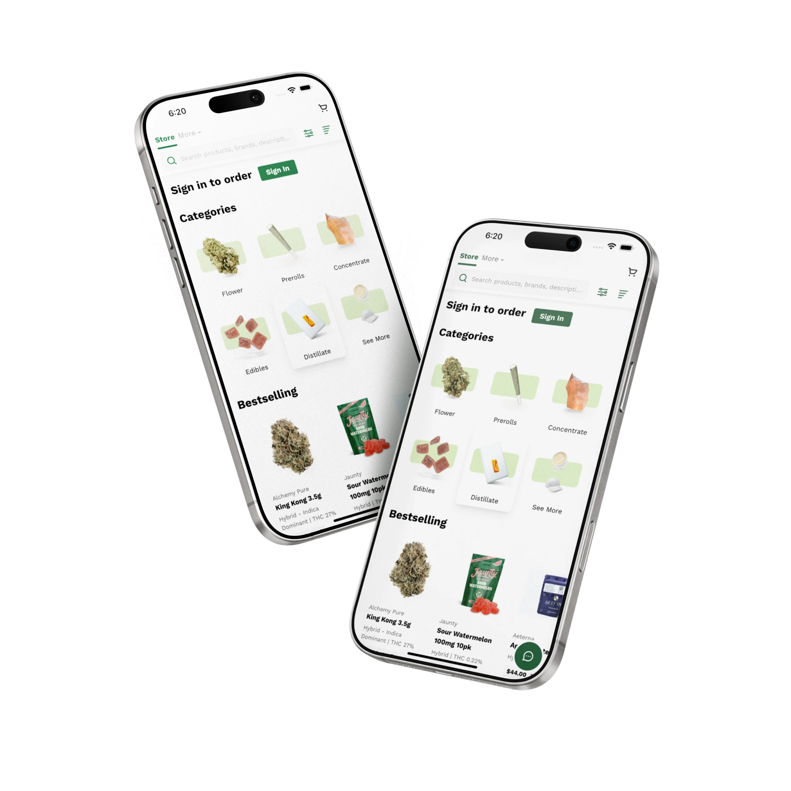 Two smartphones display a shopping app with categories like Flower, Pre-rolls, Concentrates, Edibles, and a bestselling products section featuring cannabis items.