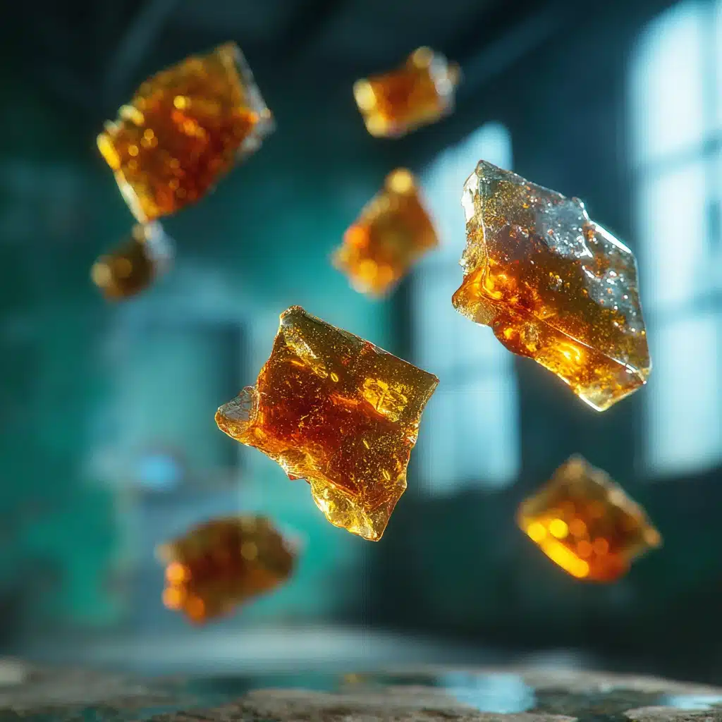Cannabis concentrates glowing on glass surface with blurred industrial urban background, designed for CTA text overlay.