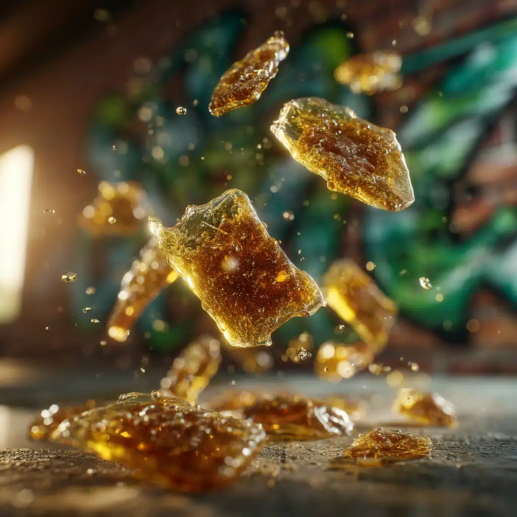 Shards of translucent golden resin are suspended in mid-air against a blurred background with sunlight streaming in.