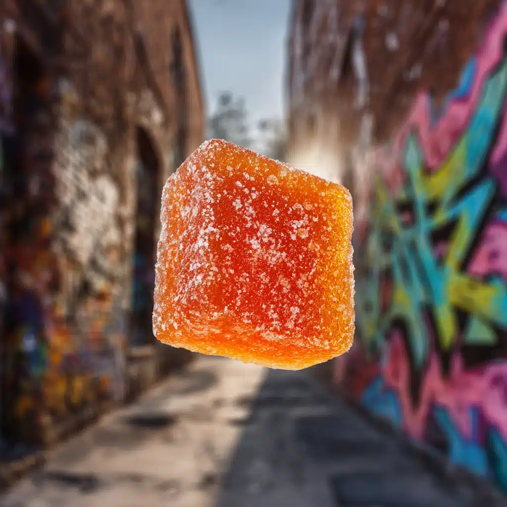 A close-up of a sugar-coated orange gummy candy suspended in front of a blurred graffiti-covered alleyway.