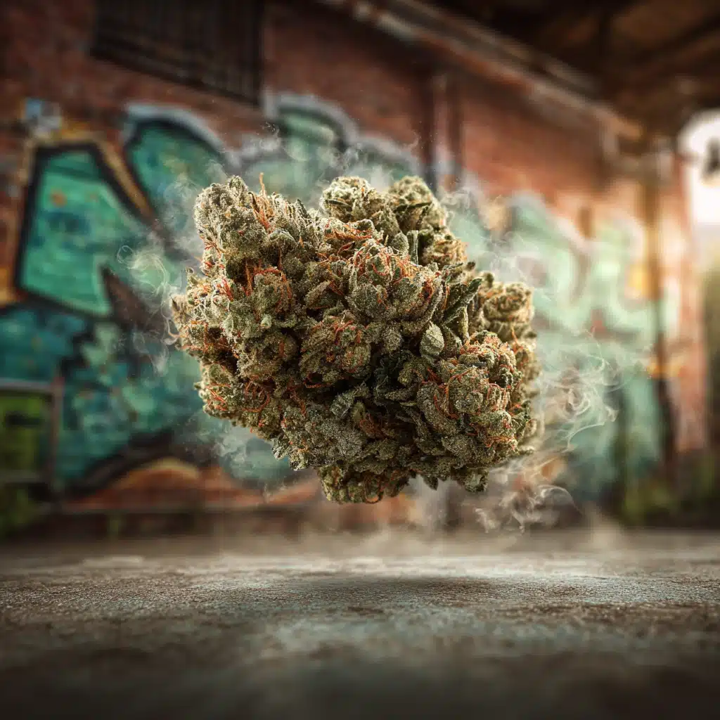 A floating cannabis bud surrounded by wisps of smoke, set in front of a graffiti-covered brick wall in an urban environment.