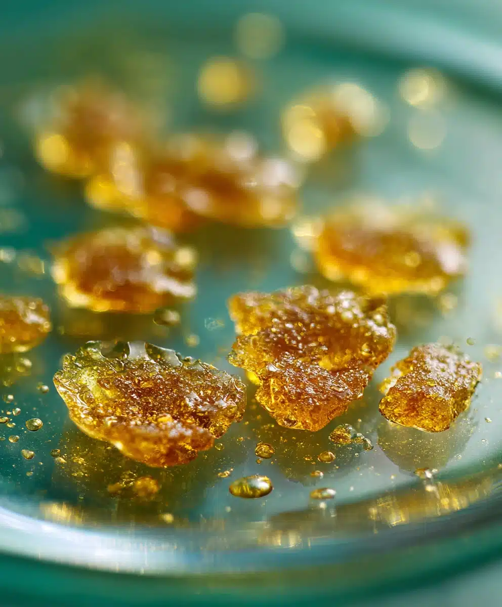 Golden cannabis concentrates displayed on glass, representing innovation in extraction.