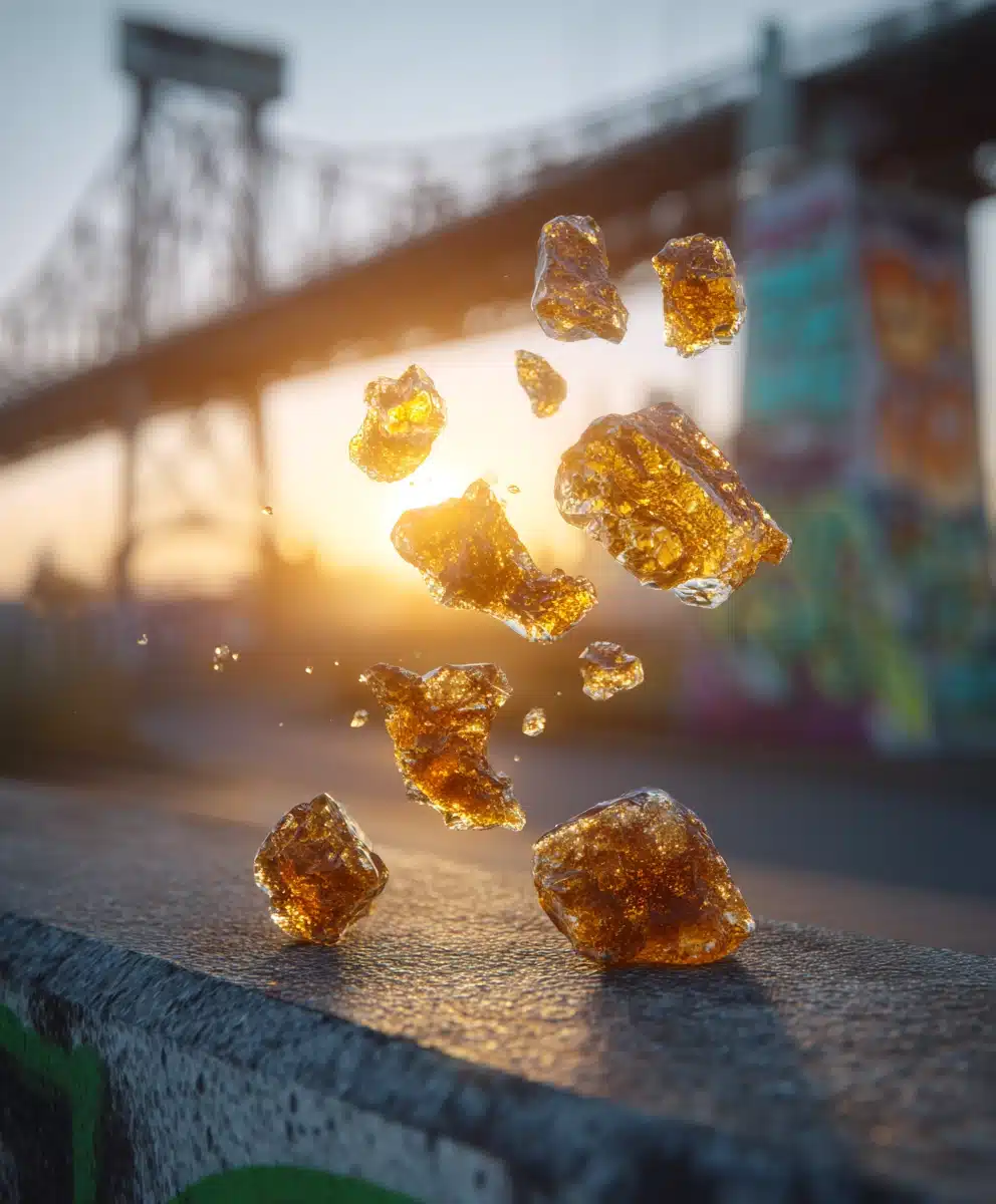 Golden cannabis concentrates hovering forward, with an urban city bridge and graffiti textures blurred in the background, symbolizing innovation.