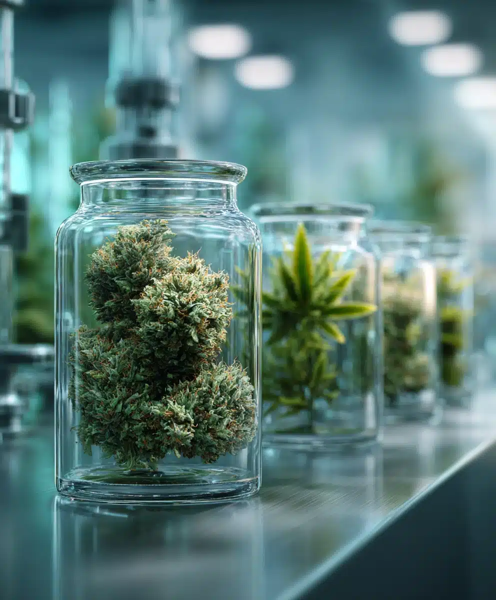 A row of glass jars containing cannabis buds and leaves on a metal surface in a laboratory setting.