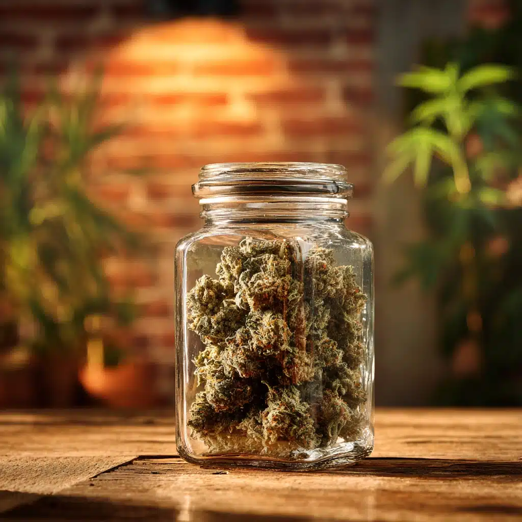 Square image of a clear glass cannabis flower jar in sharp focus against a blurred urban brick wall with greenery accents, designed for a rewards section.