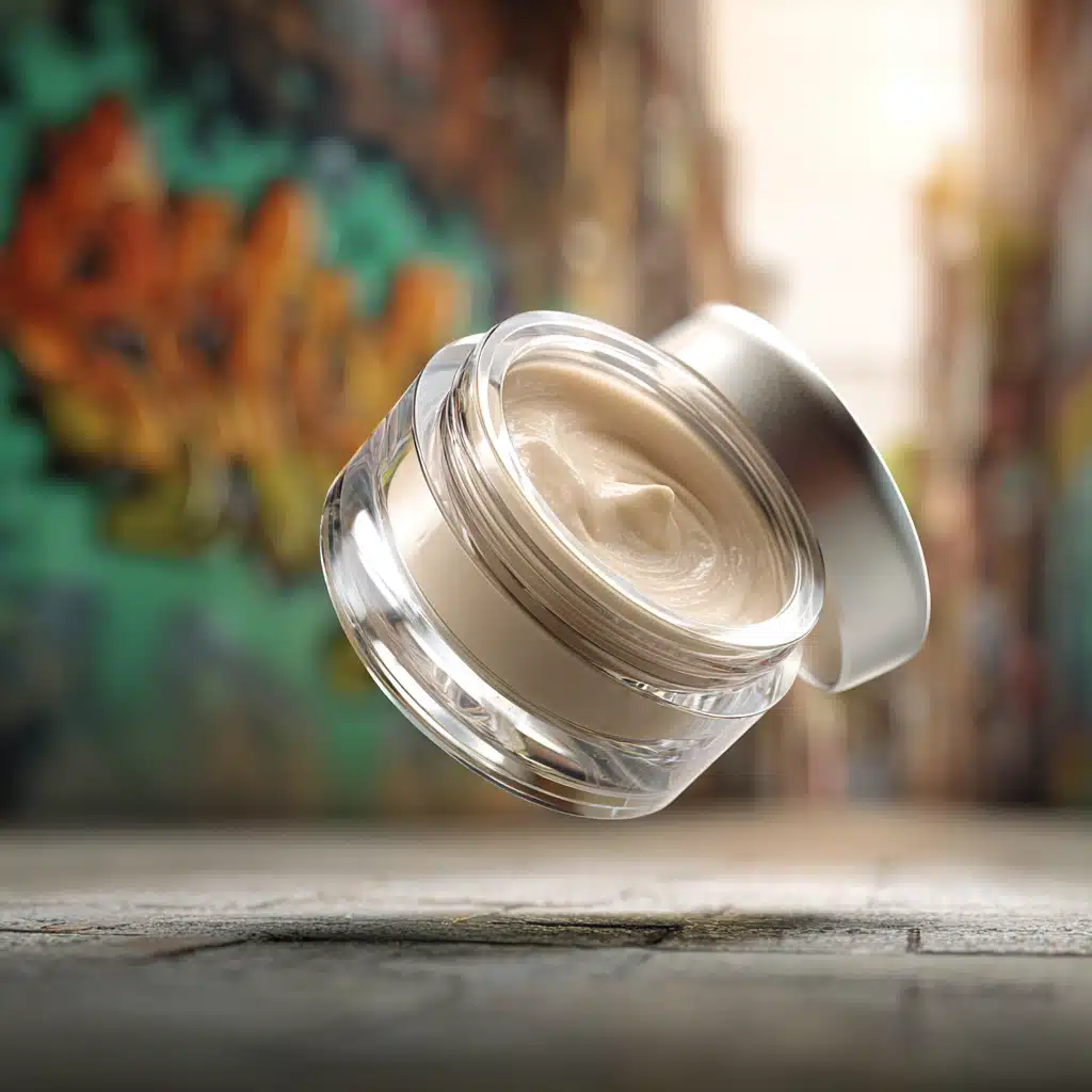 Clear glass jar of cannabis topical cream hovering in front of a blurred graffiti-painted brick wall background.