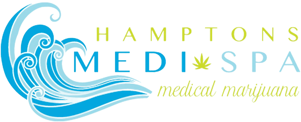 Logo for Hamptons Medi Spa with blue waves, stylized text, and a marijuana leaf replacing the A in SPA. The phrase medical marijuana is written underneath.