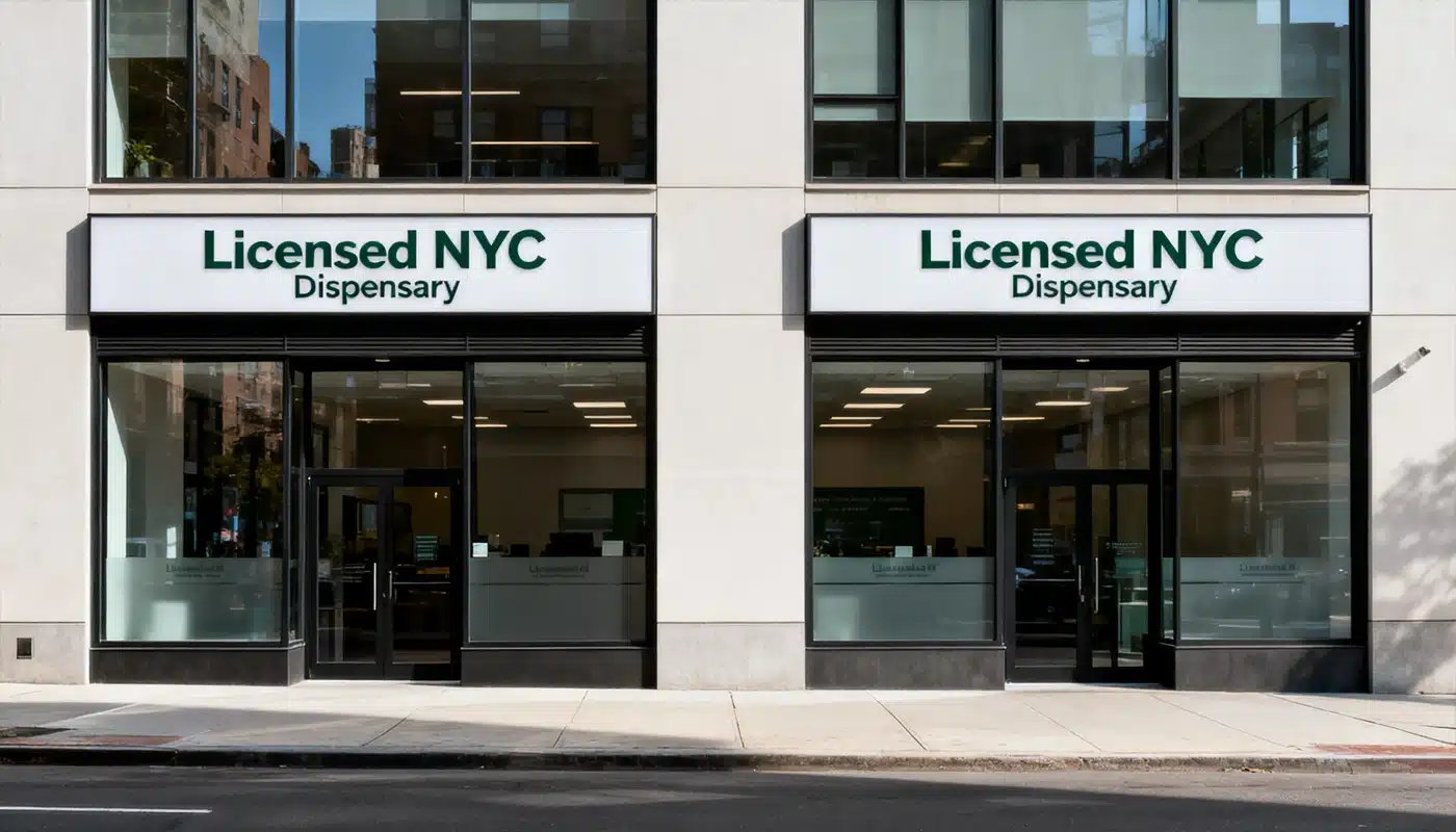 A modern storefront with large windows displays signs reading Licensed NYC Dispensary above both entrances.