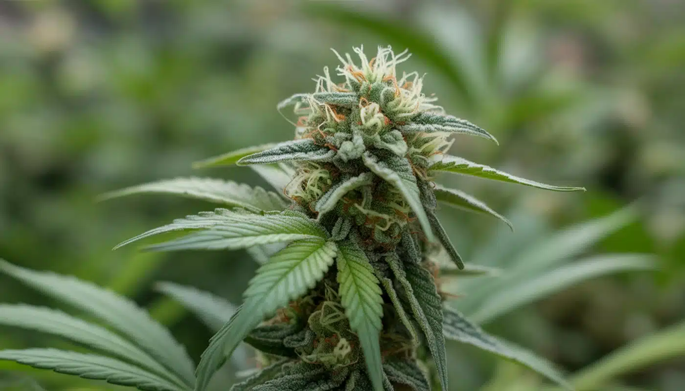 Close-up of a mature cannabis plant with green leaves and a dense, resinous flower bud surrounded by fine hairs.