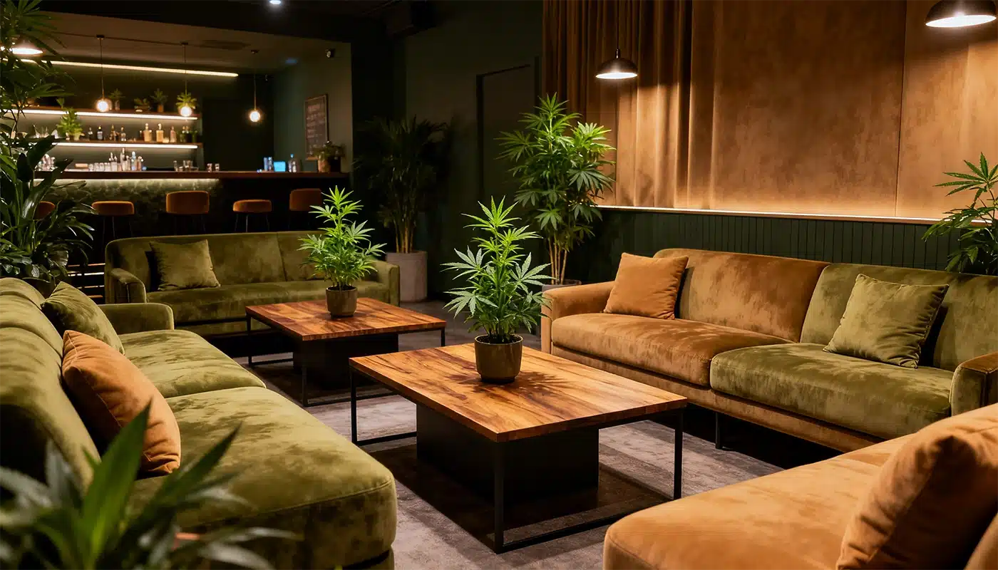 Modern lounge with green and brown velvet sofas, wooden tables, potted plants, and soft lighting; a bar area is visible in the background.