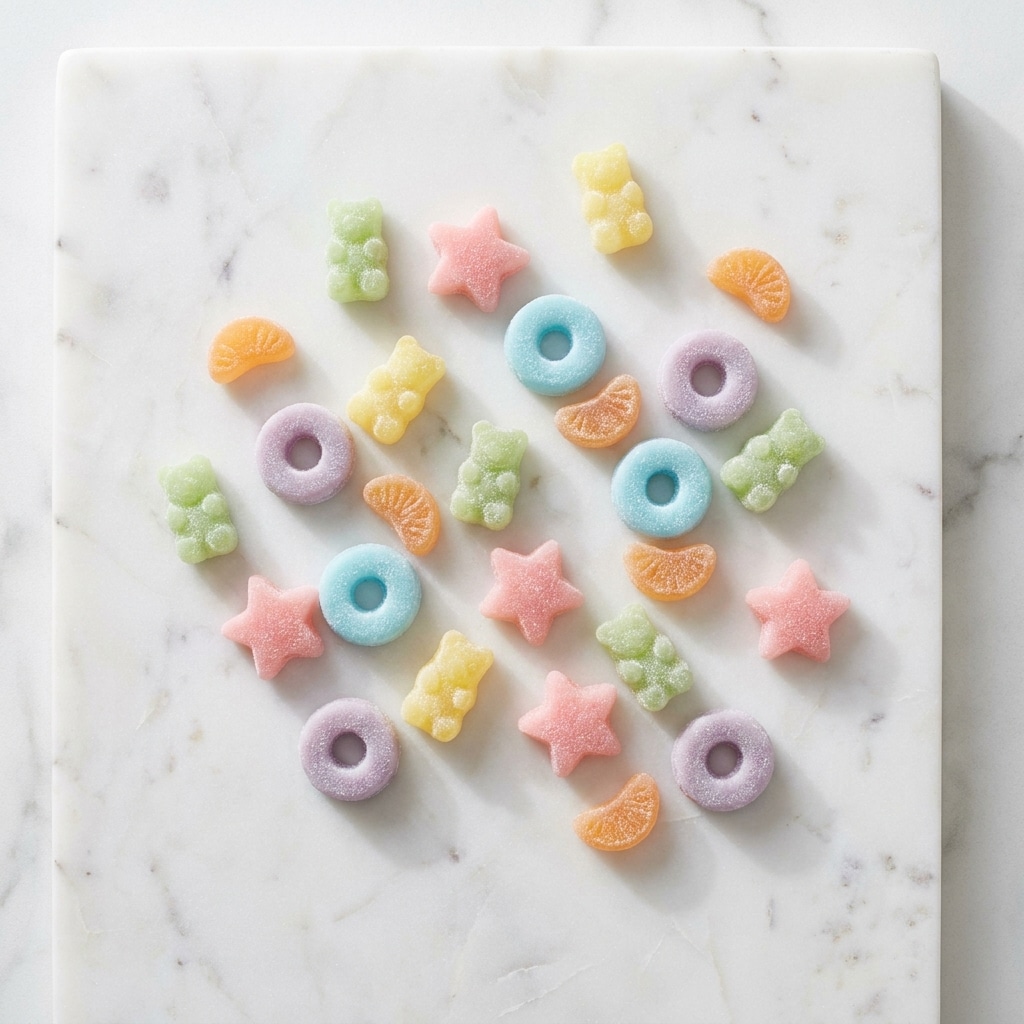 Assorted colorful CBD gummy candies shaped like rings, stars, bears, and citrus slices are arranged on a white marble surface.