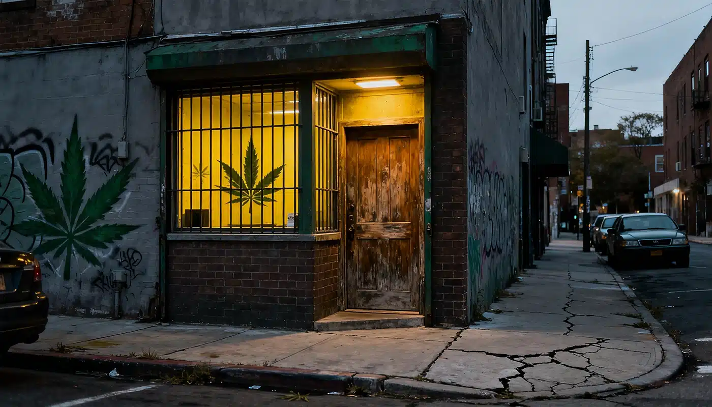 A small, dimly lit storefront with a barred window displaying a large cannabis leaf decal, located on a cracked urban sidewalk at dusk.