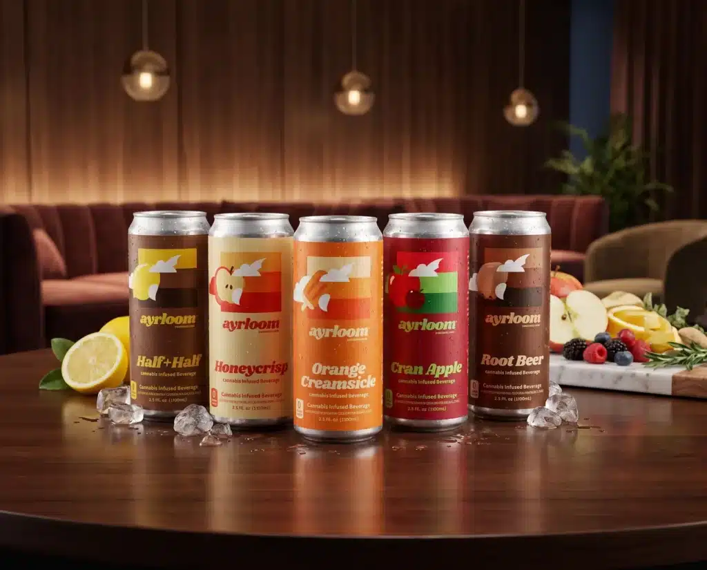 Five ayrloom beverage cans in various flavors are lined up on a table with ice cubes and fruit slices in the background.