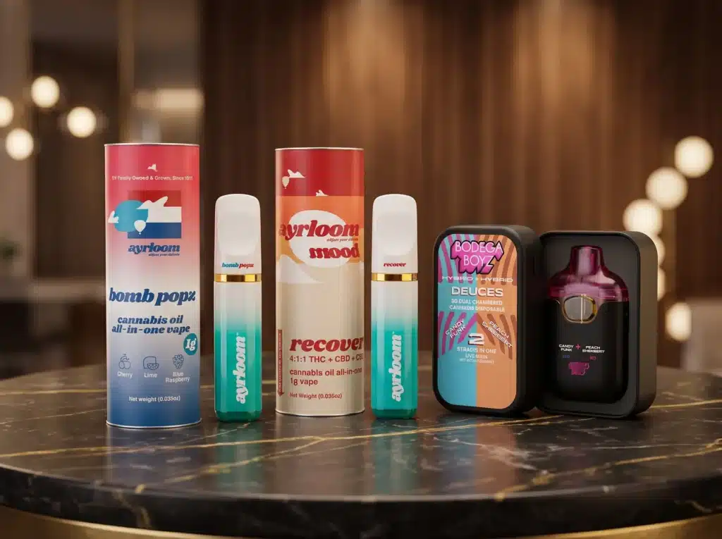 A variety of cannabis oil vape products in colorful packaging are displayed upright on a marble surface with a blurred background.