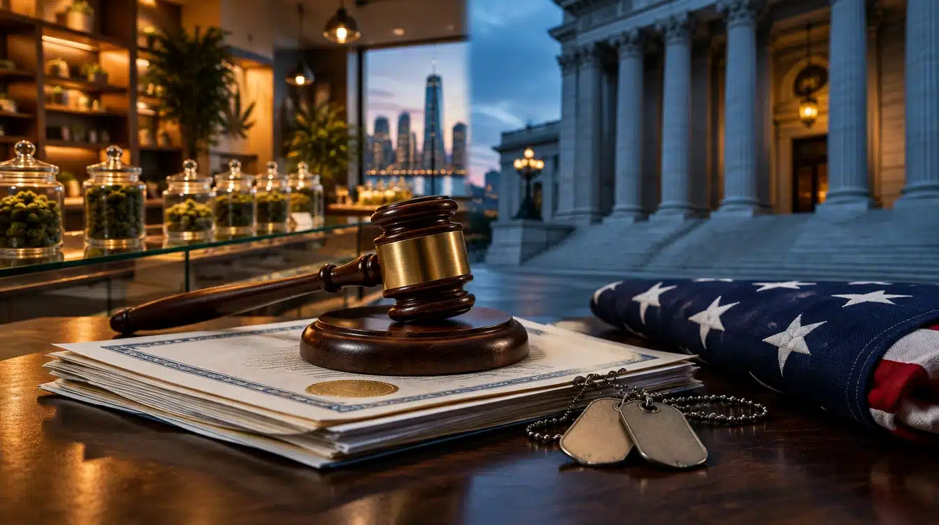 A wooden gavel resting on legal documents next to dog tags and a folded American flag, with a split background showing a cannabis dispensary and a government building.